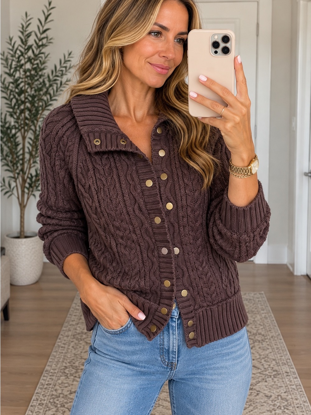 We the Free Classic Cable Cardi Brown Cable Knit Snap Cardigan XS